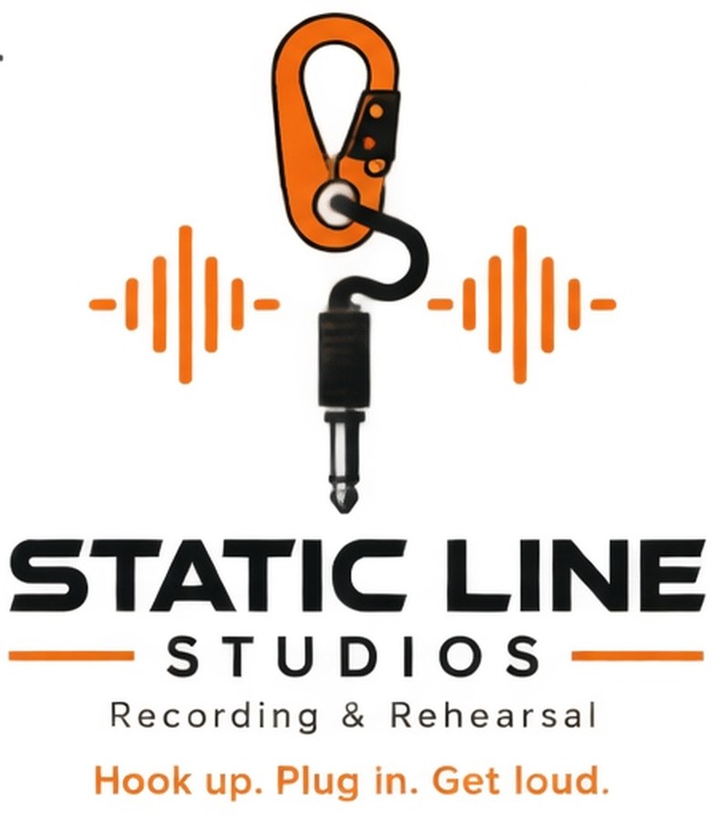 Static Line Studios logo: a static line snap hook connected to a guitar cable, with orange sound waves. Recording and Rehearsal. Hook up. Plug in. Get loud.